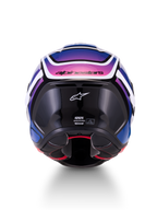 Alpinestars S-R7 Zeal Casco integral de moto, vista trasera, negro, azul y rosa fluo con acabado brillante y certificación ECE 22.06