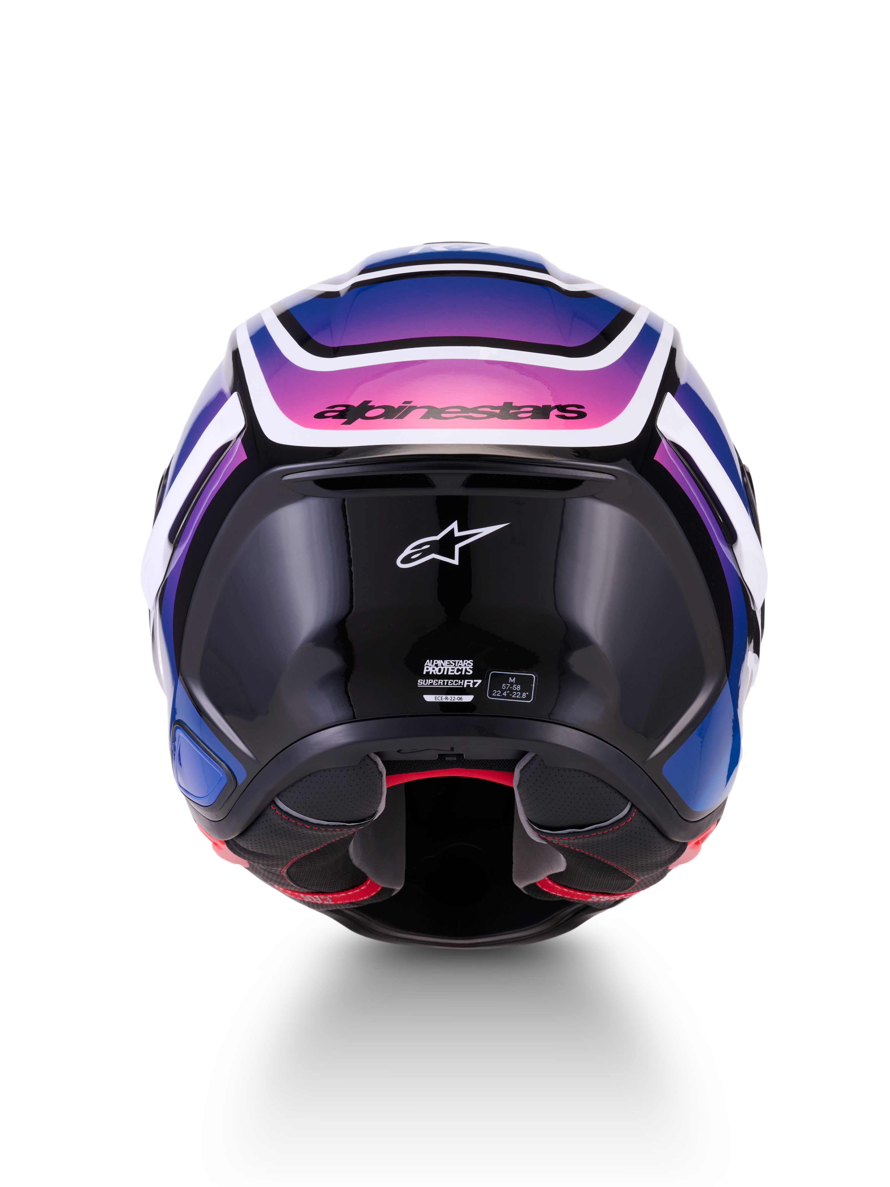 Alpinestars S-R7 Zeal Casco integral de moto, vista trasera, negro, azul y rosa fluo con acabado brillante y certificación ECE 22.06