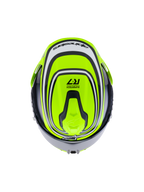Alpinestars S-R7 Zeal Helmet ECE 22.06, full-face road motorcycle helmet in Yellow Fluo, Black, and White Glossy, top-down view highlighting aerodynamic design, ventilation vents, and Supertech R7 branding details
