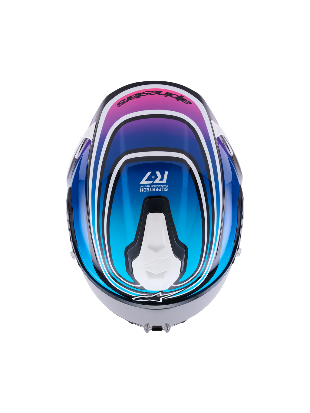 Alpinestars S R 7 Zeal Casco Ece 06, casco integral de moto para carreras, vista superior con acabado gráfico brillante en negro, azul, rosa y blanco
