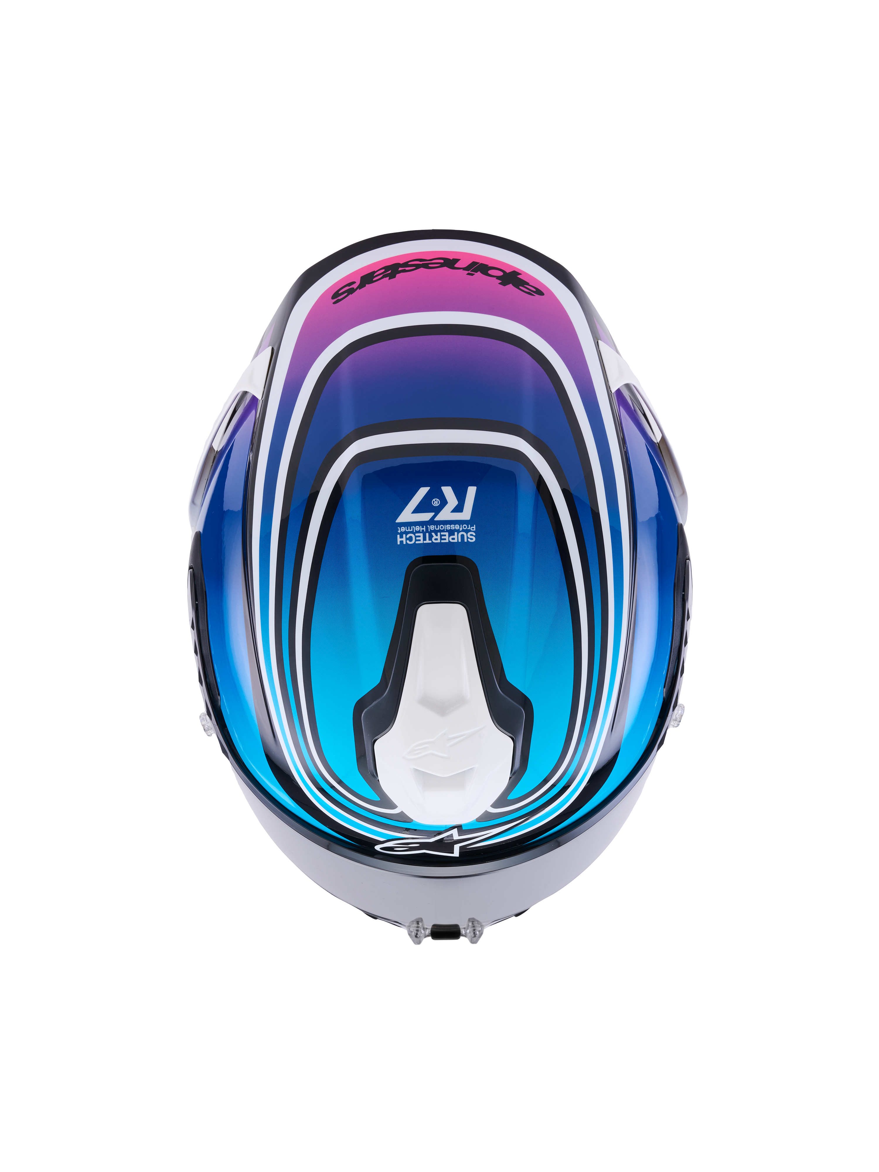 Alpinestars S R 7 Zeal Casco Ece 06, casco integral de moto para carreras, vista superior con acabado gráfico brillante en negro, azul, rosa y blanco