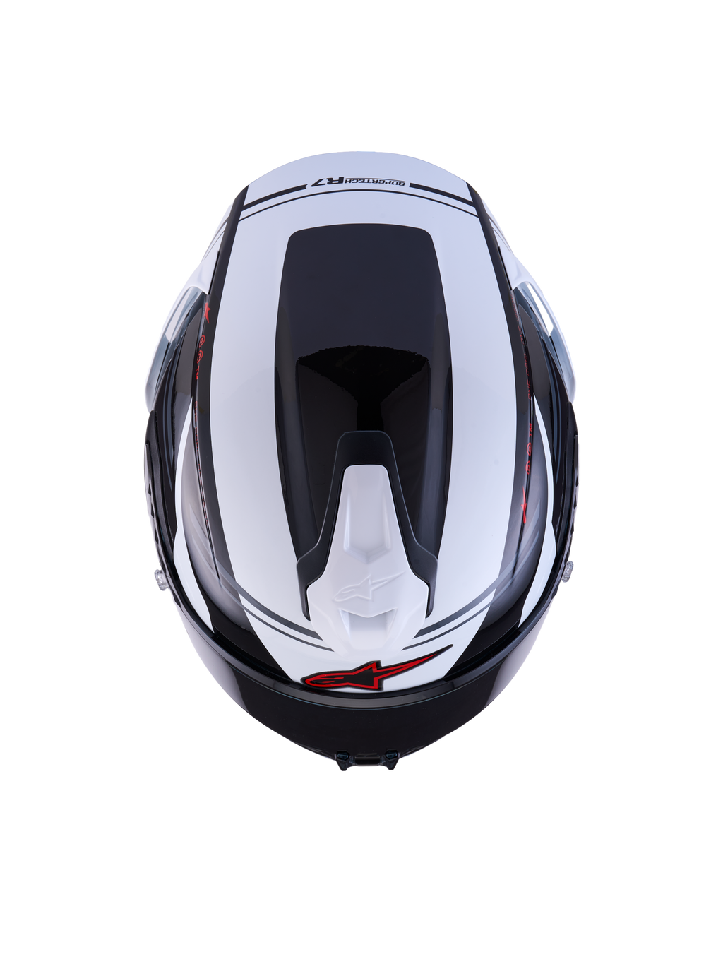 Alpinestars S-R7 A-Core Casco ECE06, vista superior del casco de moto deportivo y de competición en acabado brillante negro, blanco y rojo, con construcción de compuesto de carbono, perfil aerodinámico y detalles de ventilación