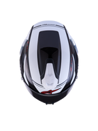 Alpinestars S-R7 A-Core Casco ECE06, vista superior del casco de moto deportivo y de competición en acabado brillante negro, blanco y rojo, con construcción de compuesto de carbono, perfil aerodinámico y detalles de ventilación