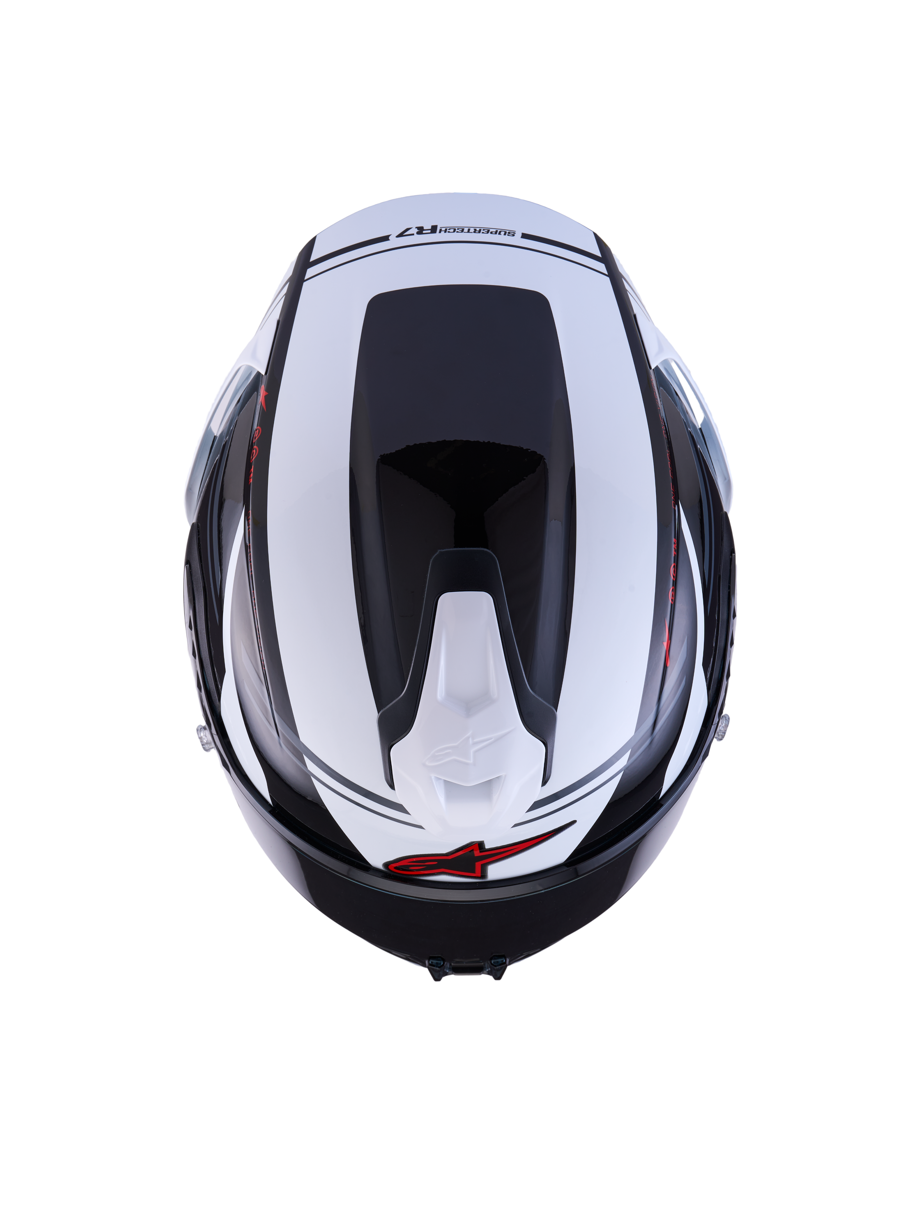 Alpinestars S-R7 A-Core Casco ECE06, vista superior del casco de moto deportivo y de competición en acabado brillante negro, blanco y rojo, con construcción de compuesto de carbono, perfil aerodinámico y detalles de ventilación