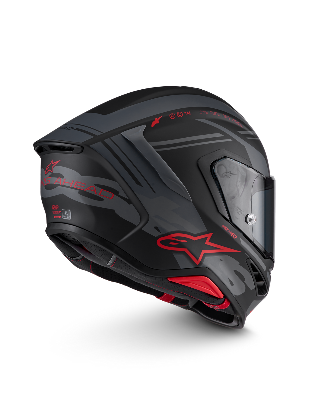 Alpinestars S-R7 A-Core, casco integral de moto para carreras, negro, gris y rojo mate, vista lateral con aerodinámica avanzada y visor