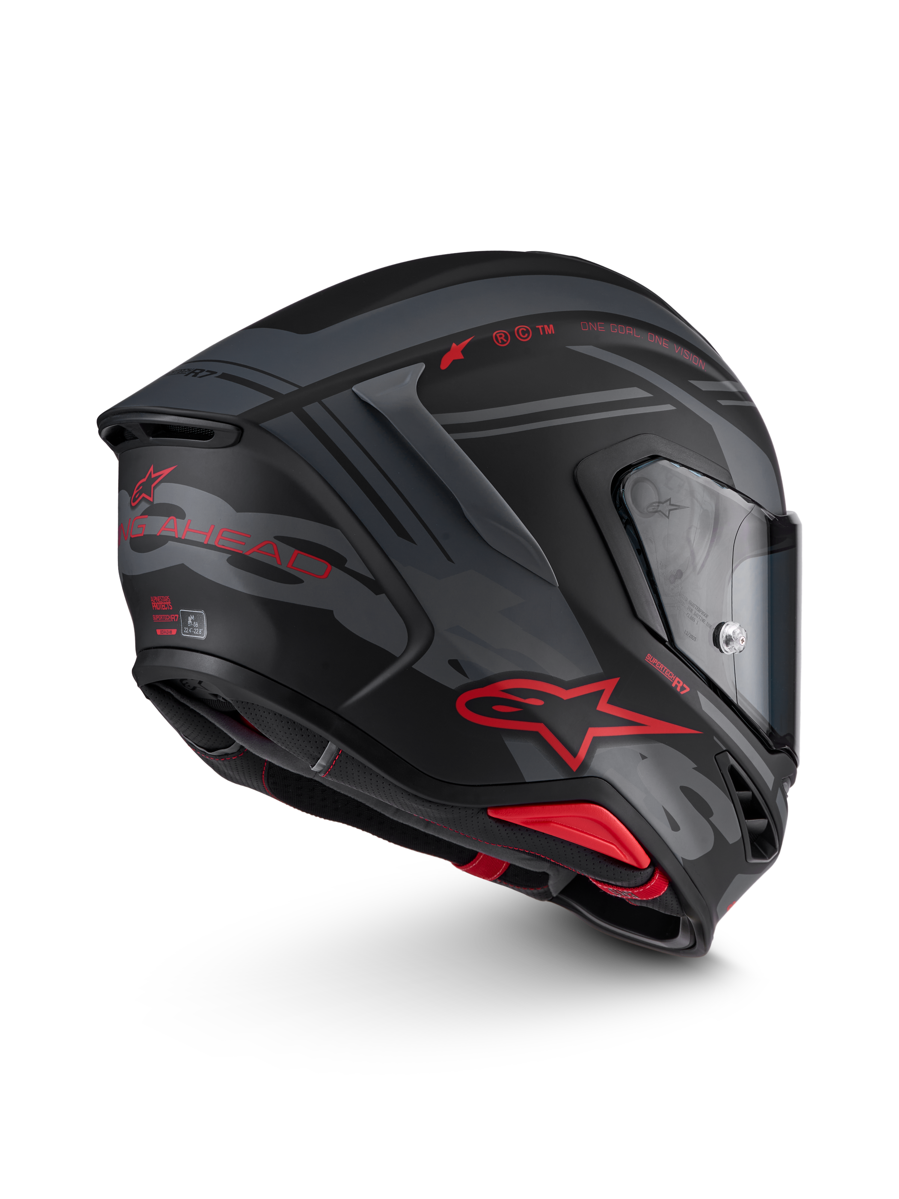 Alpinestars S-R7 A-Core, casco integral de moto para carreras, negro, gris y rojo mate, vista lateral con aerodinámica avanzada y visor
