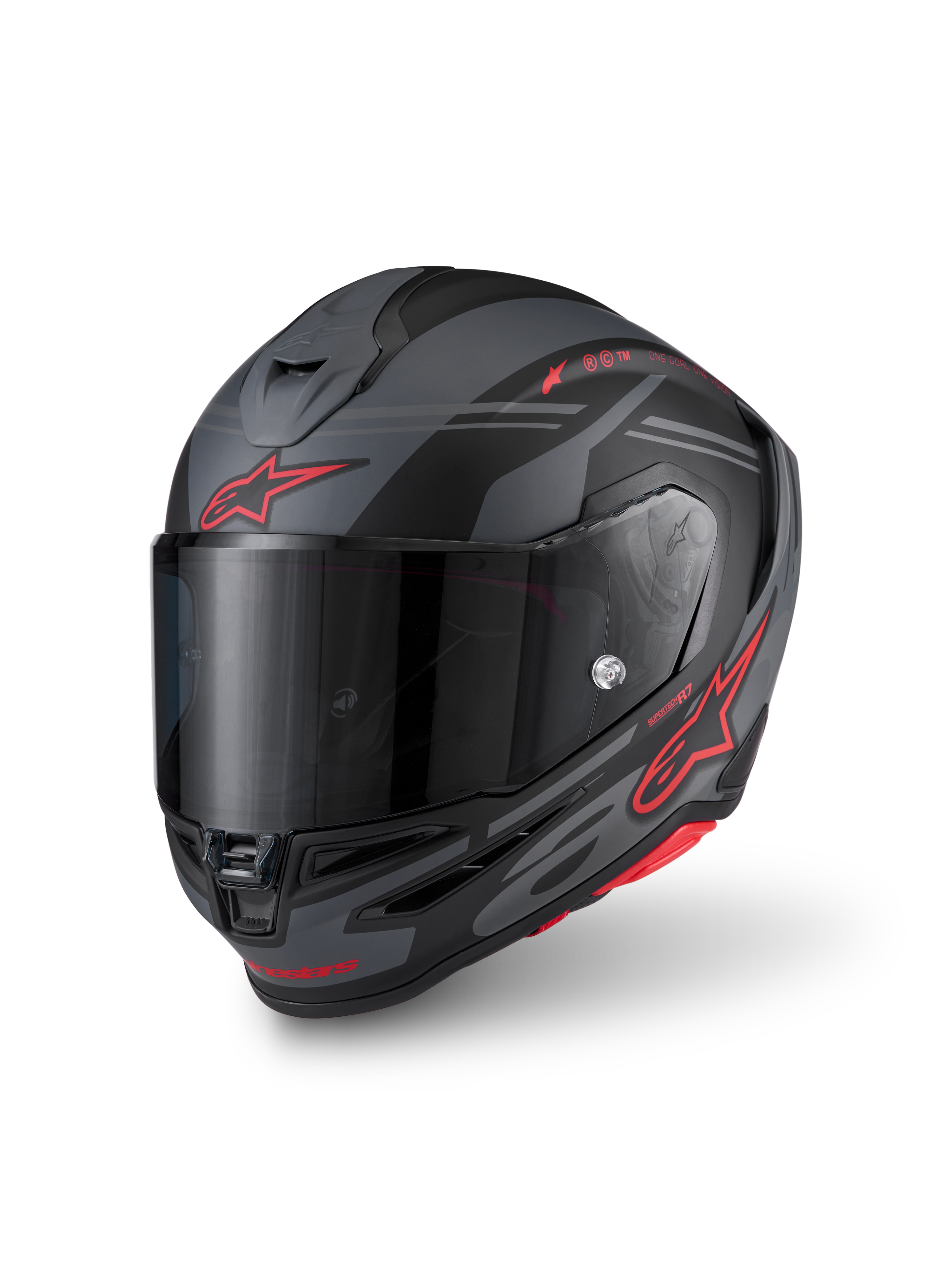 Alpinestars S-R7 A-Core Casco ECE06, casco integral de moto para carreras, negro, gris y rojo mate, construcción de compuesto de carbono