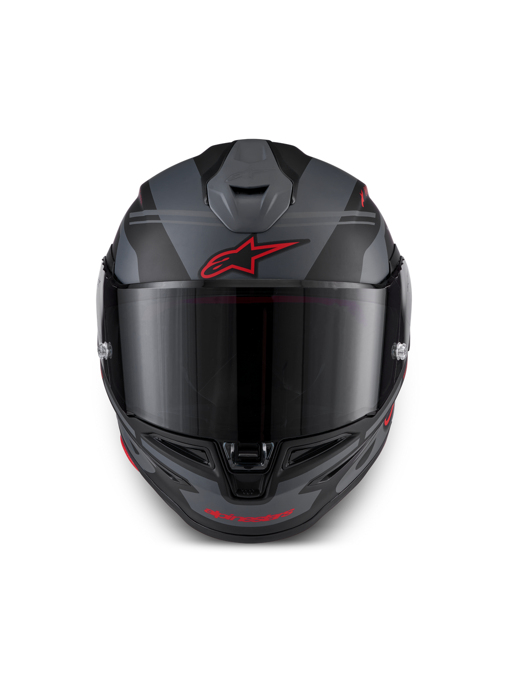 Alpinestars S-R7 A-Core ECE 06, casco integral de moto para carreras, negro, gris y rojo, vista frontal con ventilación aerodinámica y visera transparente