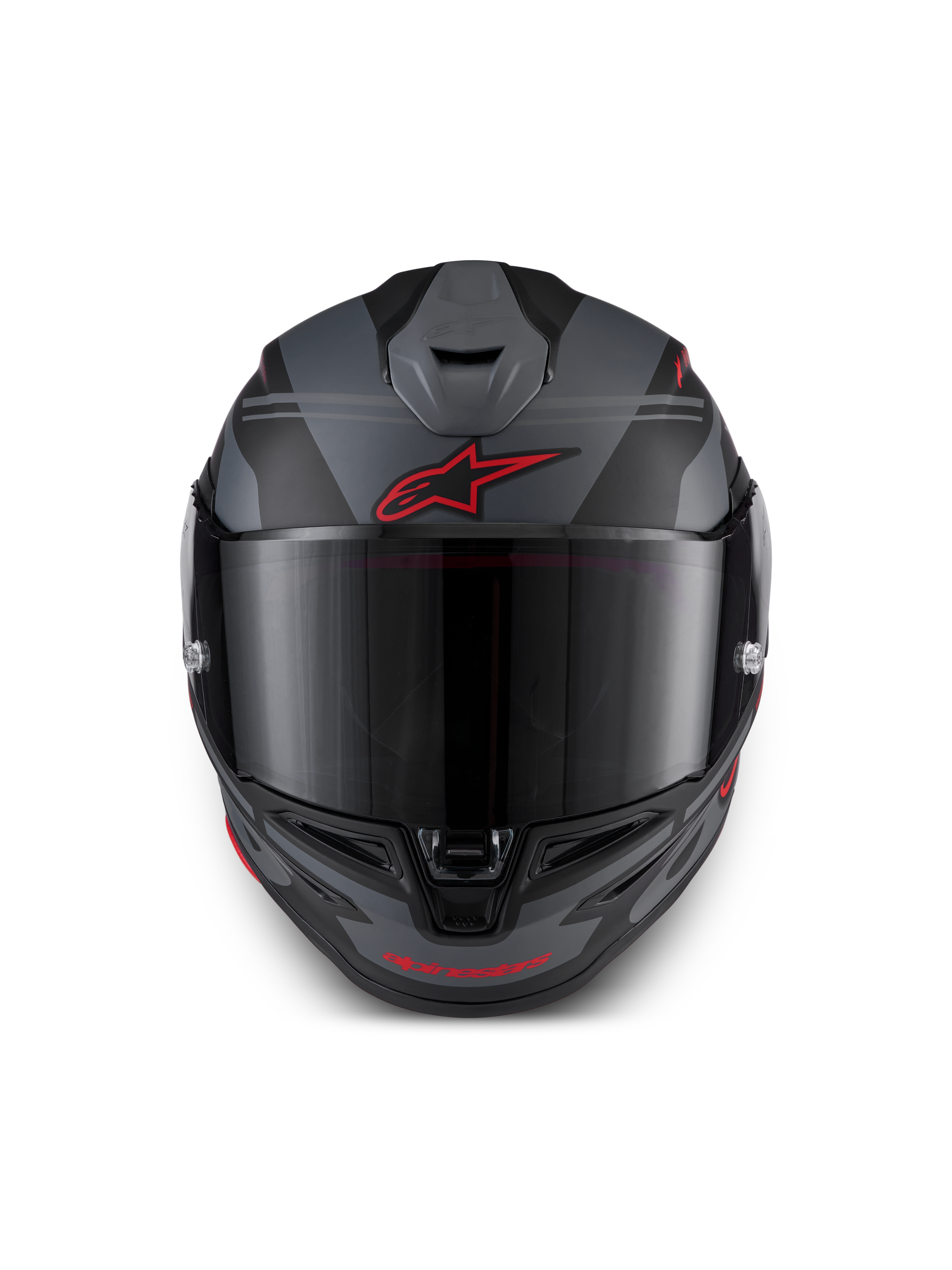 Alpinestars S-R7 A-Core ECE 06, casco integral de moto para carreras, negro, gris y rojo, vista frontal con ventilación aerodinámica y visera transparente