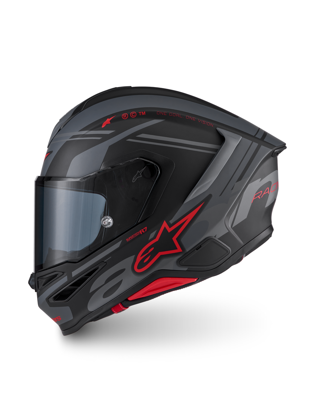 Alpinestars S-R7 A-Core Casco, casco integral de moto para carretera, negro, gris y rojo con diseño aerodinámico y detalles de la marca