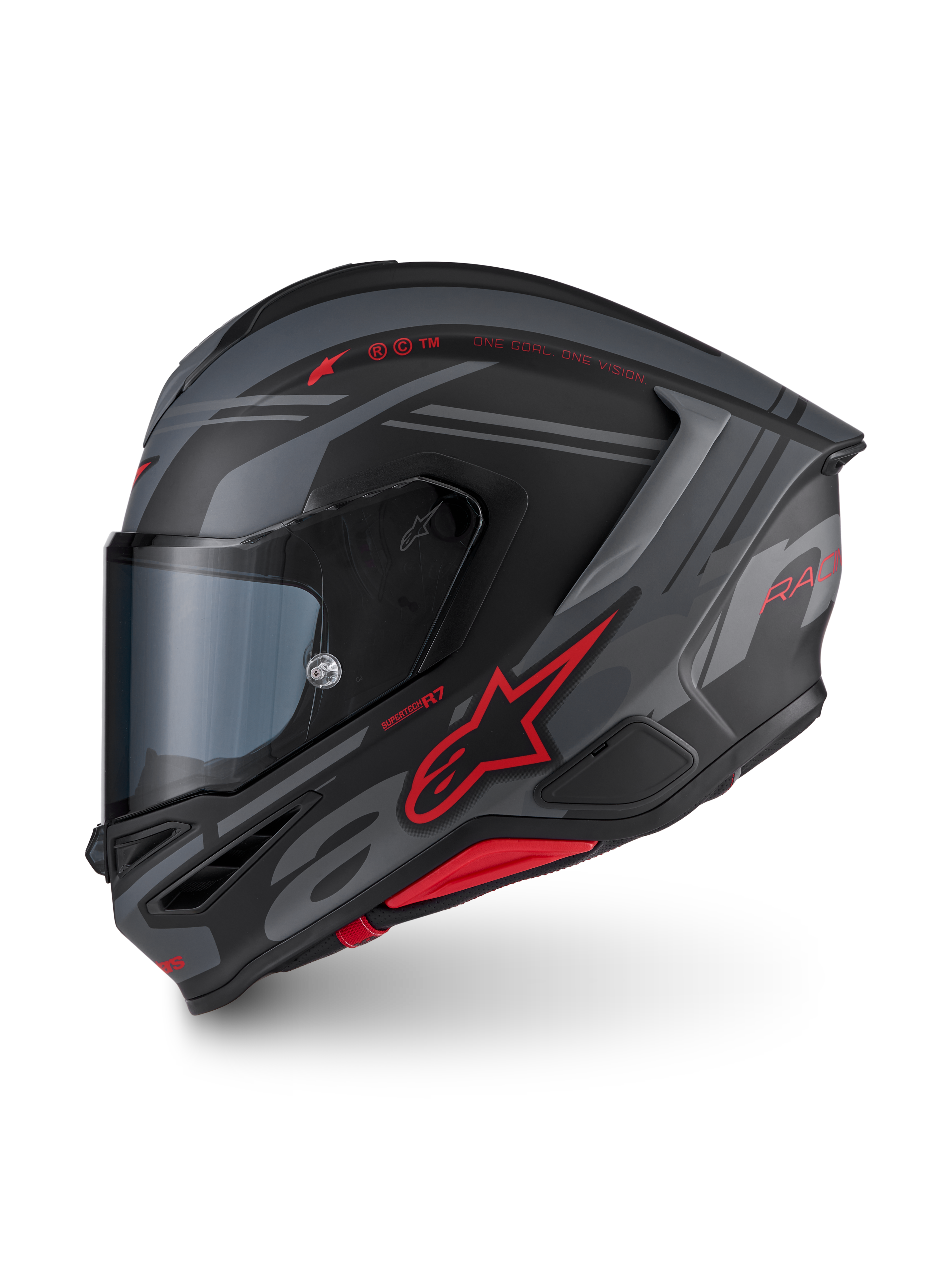 Alpinestars S-R7 A-Core Casco, casco integral de moto para carretera, negro, gris y rojo con diseño aerodinámico y detalles de la marca