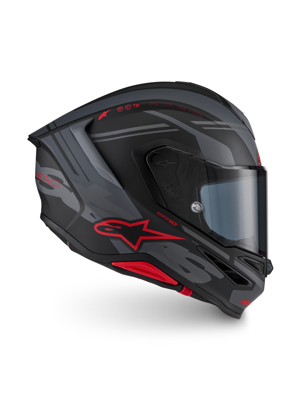 Alpinestars S-R7 A-Core ECE 06, casco integral de moto para carreras, negro, gris y rojo mate, con perfil aerodinámico y detalles de la marca