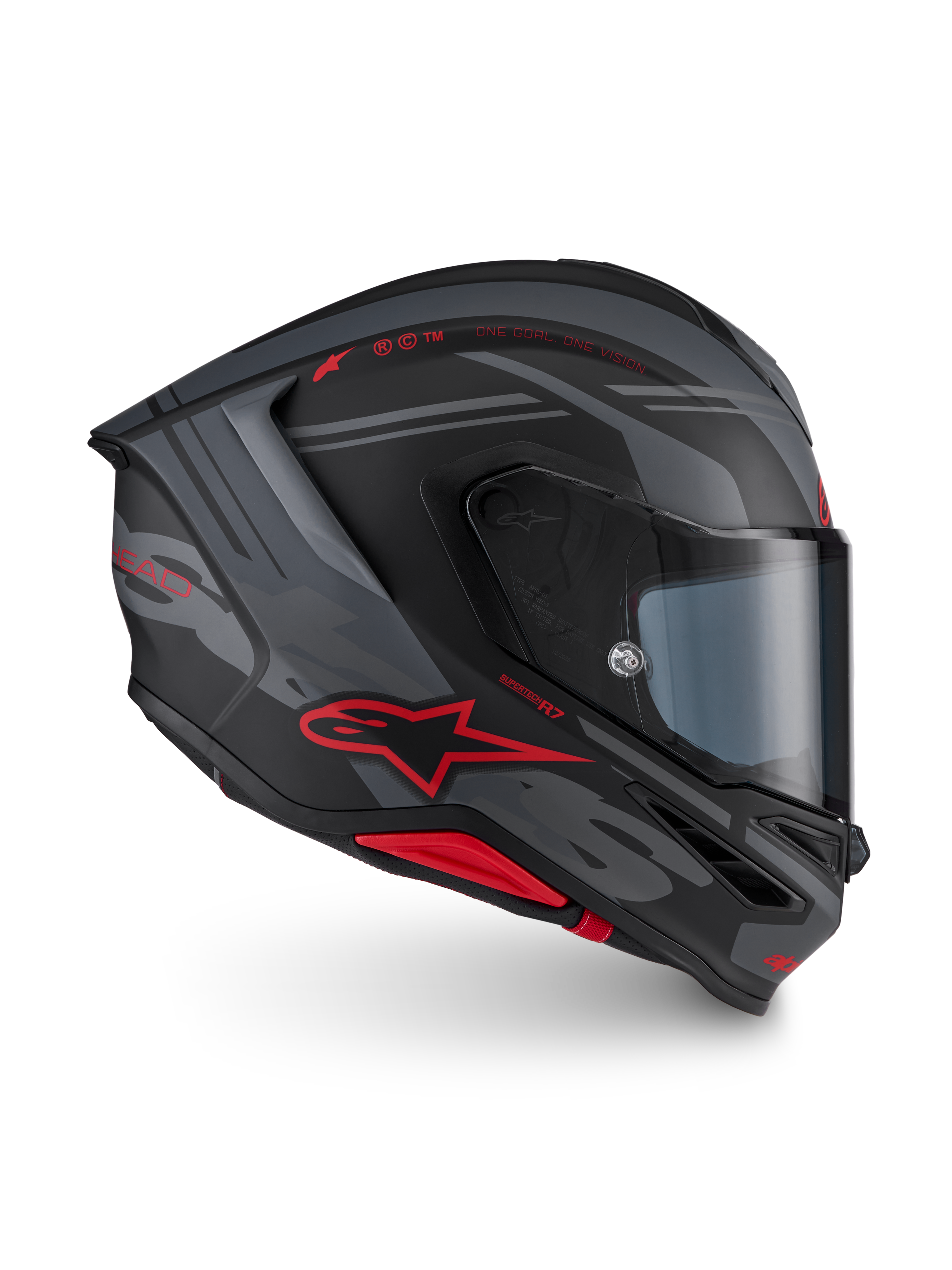 Alpinestars S-R7 A-Core ECE 06, casco integral de moto para carreras, negro, gris y rojo mate, con perfil aerodinámico y detalles de la marca