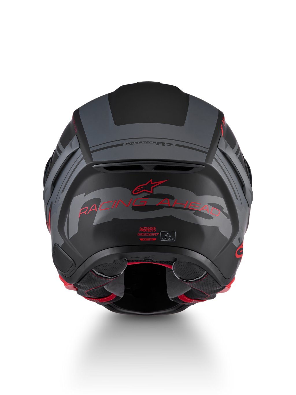 Alpinestars S-R7 A-Core Casco ECE 22.06, casco de moto para carreras en carretera, vista trasera con diseño mate en negro, gris y rojo y detalles de marca