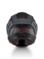 Alpinestars S-R7 A-Core Casco ECE 22.06, casco de moto para carreras en carretera, vista trasera con diseño mate en negro, gris y rojo y detalles de marca