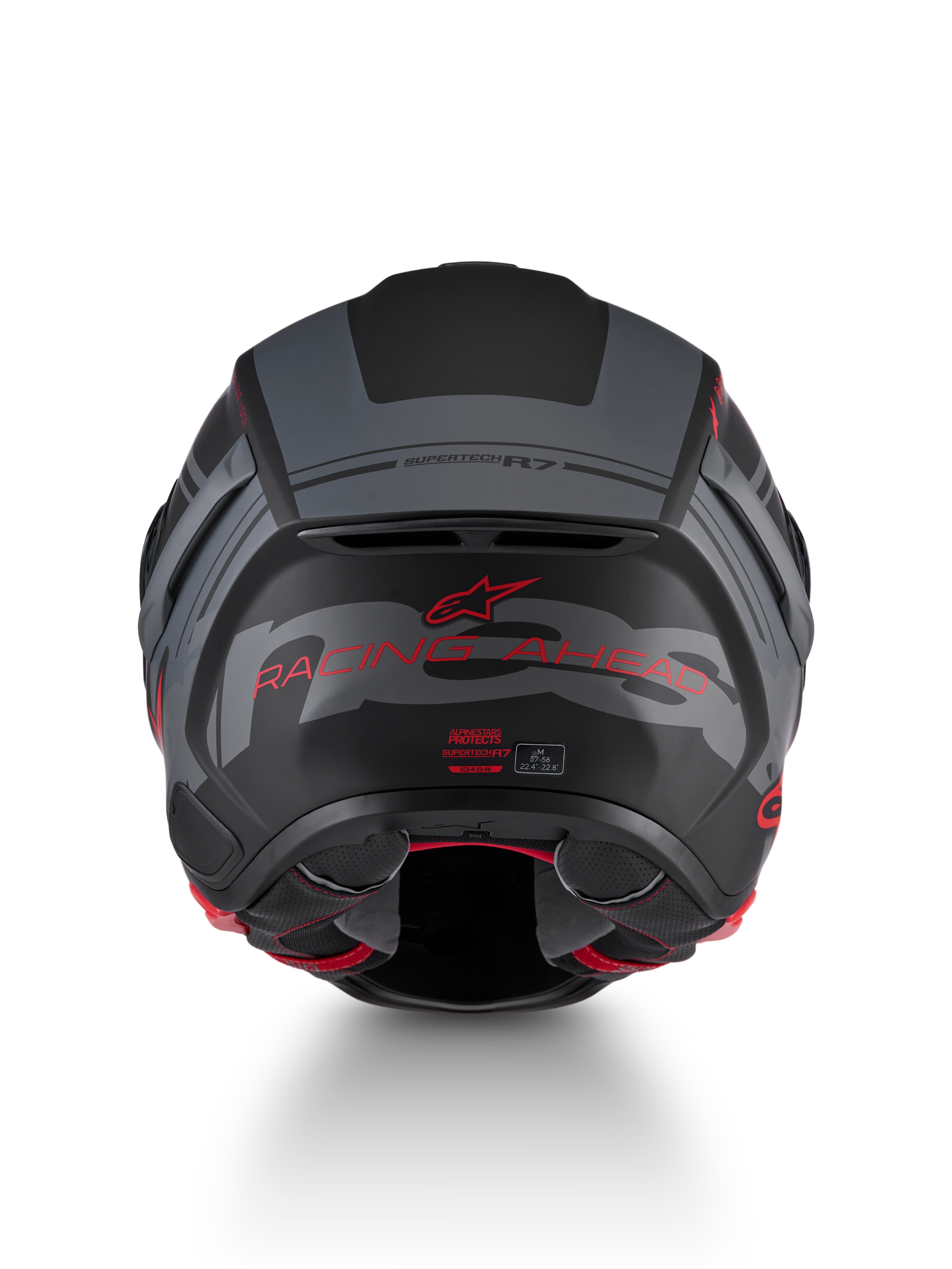 Alpinestars S-R7 A-Core Casco ECE 22.06, casco de moto para carreras en carretera, vista trasera con diseño mate en negro, gris y rojo y detalles de marca