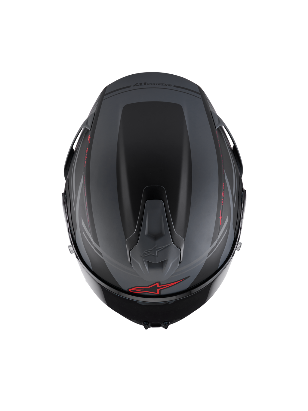 Alpinestars S-R7 A-Core, casco integral de moto para carreras, vista superior con spoiler aerodinámico y ventilación, negro mate, gris y rojo