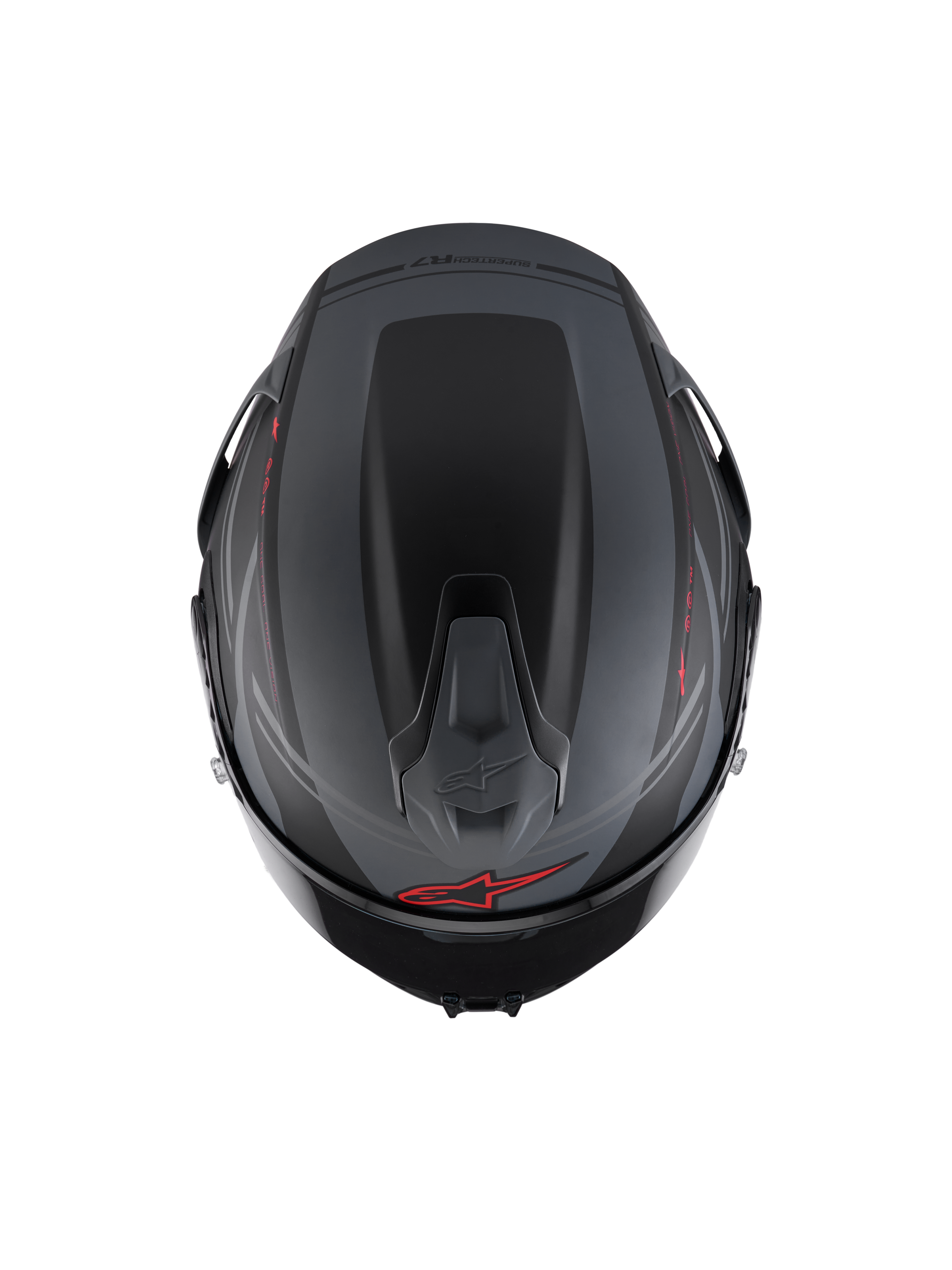 Alpinestars S-R7 A-Core, casco integral de moto para carreras, vista superior con spoiler aerodinámico y ventilación, negro mate, gris y rojo