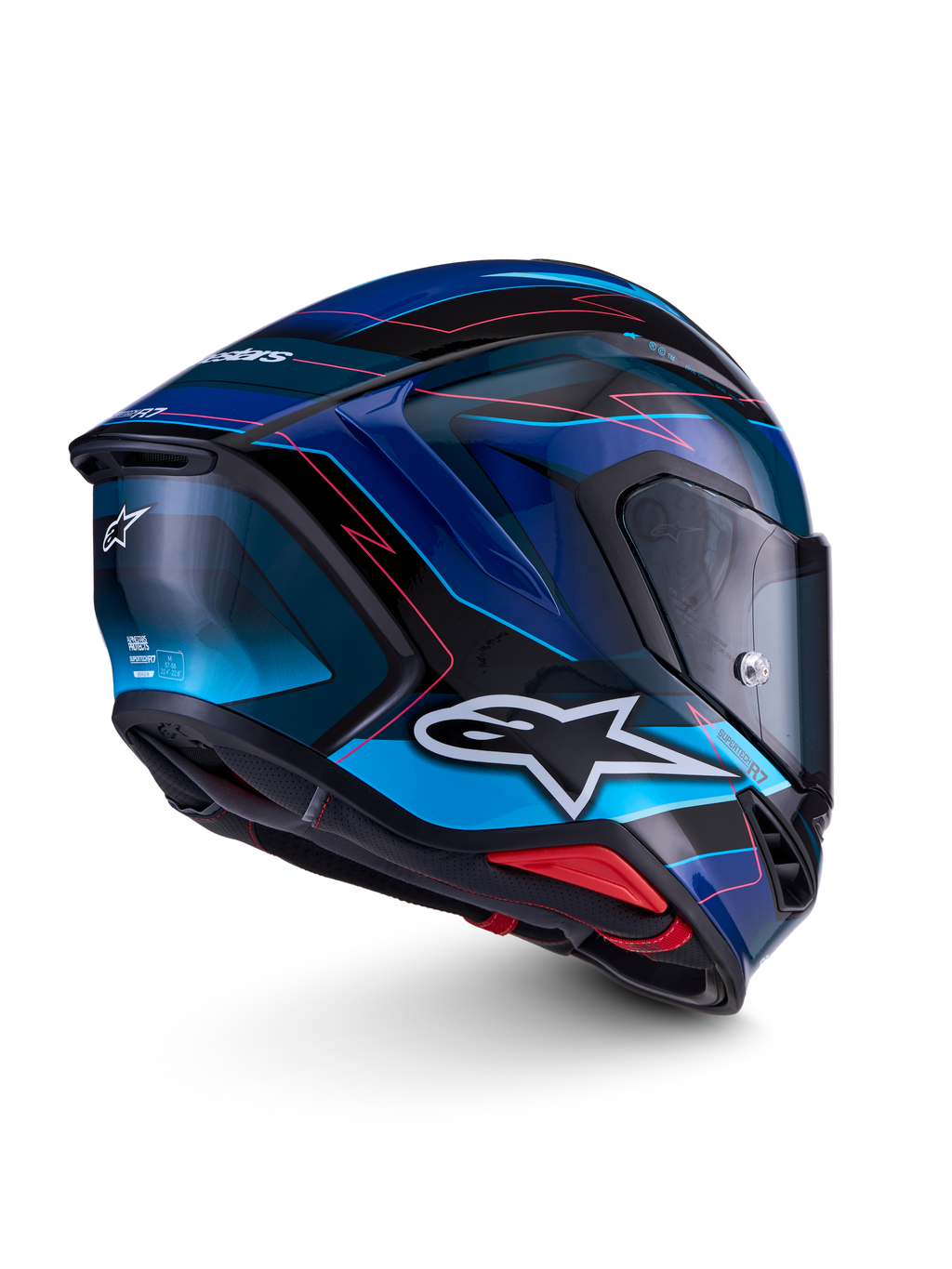 Alpinestars S-R7 Kinetis Helmet ECE 22.06, motorcycle road racing helmet, black, blue, and pink fluo with white details, carbon composite construction, glossy finish