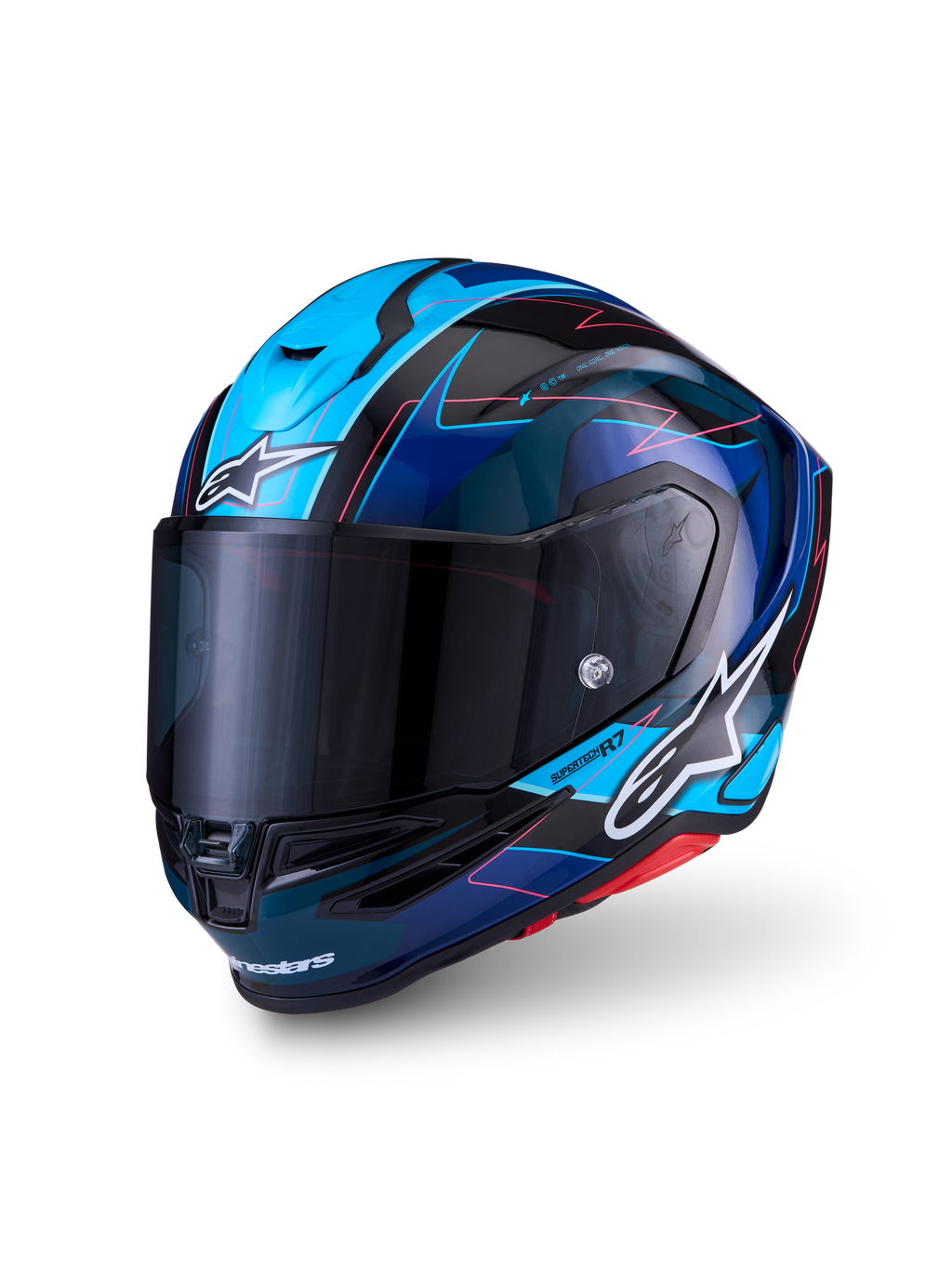 Alpinestars S-R7 Kinetis Helmet ECE 22.06, road racing motorcycle helmet in Black, Blue, Pink Fluo, and White Glossy, carbon composite construction