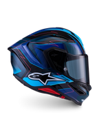 Alpinestars S-R7 Kinetis Helmet ECE 22.06, full face motorcycle racing helmet, Black, Blue, Pink, and White glossy finish, carbon composite construction