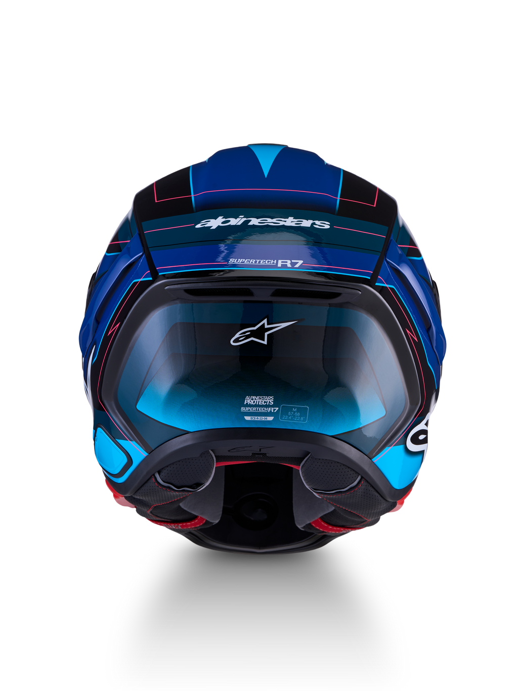 Alpinestars S-R7 Kinetis Helmet ECE 22.06, motorcycle road helmet, front view in black, blue, pink fluo, and white glossy with carbon construction and aerodynamic design