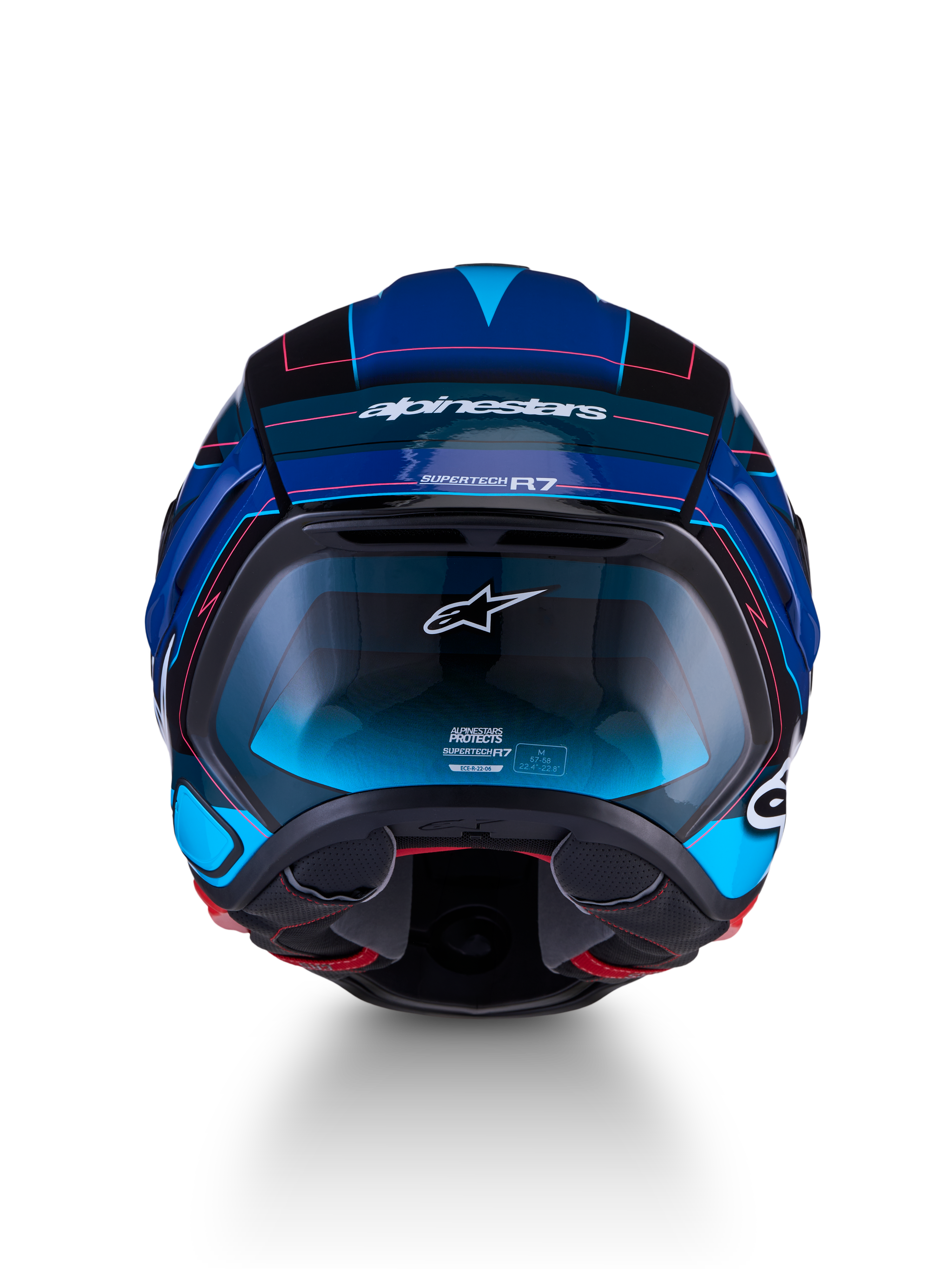Alpinestars S-R7 Kinetis Helmet ECE 22.06, motorcycle road helmet, front view in black, blue, pink fluo, and white glossy with carbon construction and aerodynamic design