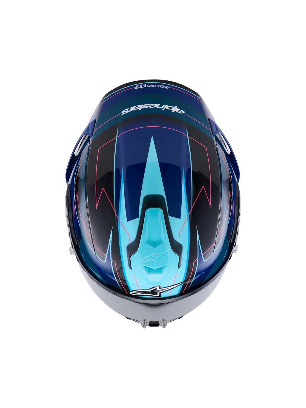 Alpinestars S-R7 Kinetis Helmet, full face motorcycle helmet in Black, Blue, Pink Fluo, and White Glossy, top-down view showing aerodynamic design and graphic details, ECE 22.06 certified carbon composite construction