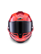 Alpinestars Supertech R10 Arius Helmet, Full-Face Racing Helmet, Red with White and Black accents, front view with dark smoke visor, featuring Alpinestars branding on the forehead and chin, glossy finish with aerodynamic ventilation ports