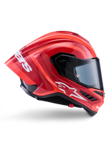 Alpinestars Supertech R10 Arius Helmet, Full-Face Racing Helmet, Glossy Red and Orange, side profile view featuring an aerodynamic rear spoiler, white Astars logo on the chin, and clear visor, engineered for high-speed track performance