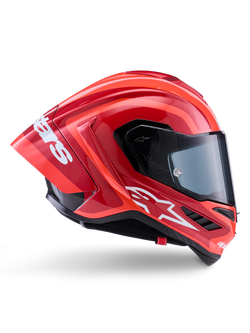 Alpinestars Supertech R10 Arius Helmet, Full-Face Racing Helmet, Glossy Red and Orange, side profile view featuring an aerodynamic rear spoiler, white Astars logo on the chin, and clear visor, engineered for high-speed track performance