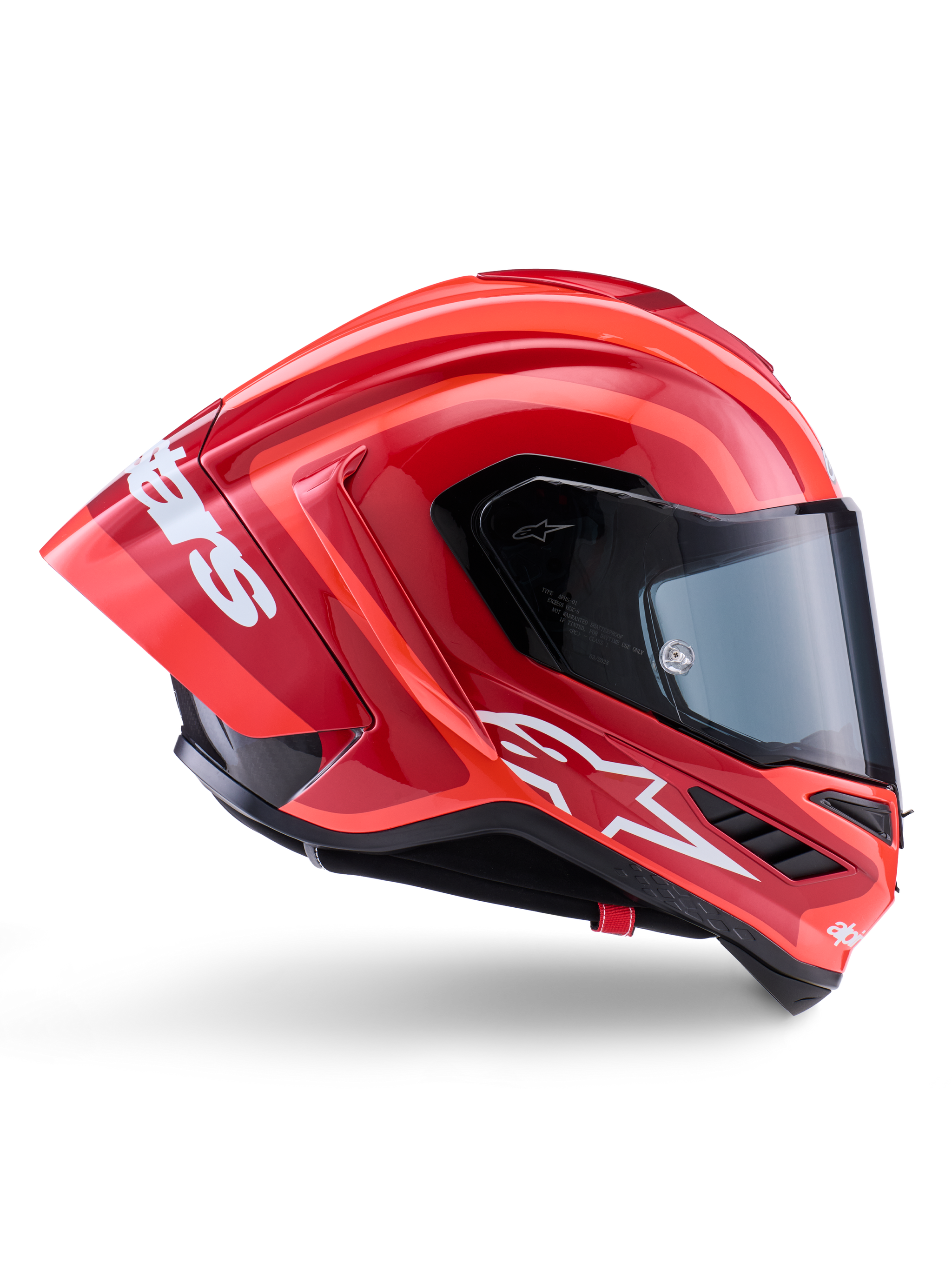 Alpinestars Supertech R10 Arius Helmet ECE06/DOT, casco de moto para carreras, rojo brillante con acabado brillante, visera ahumada oscura, detalles negros y blancos, diseño aerodinámico moderno, certificado ECE06/DOT