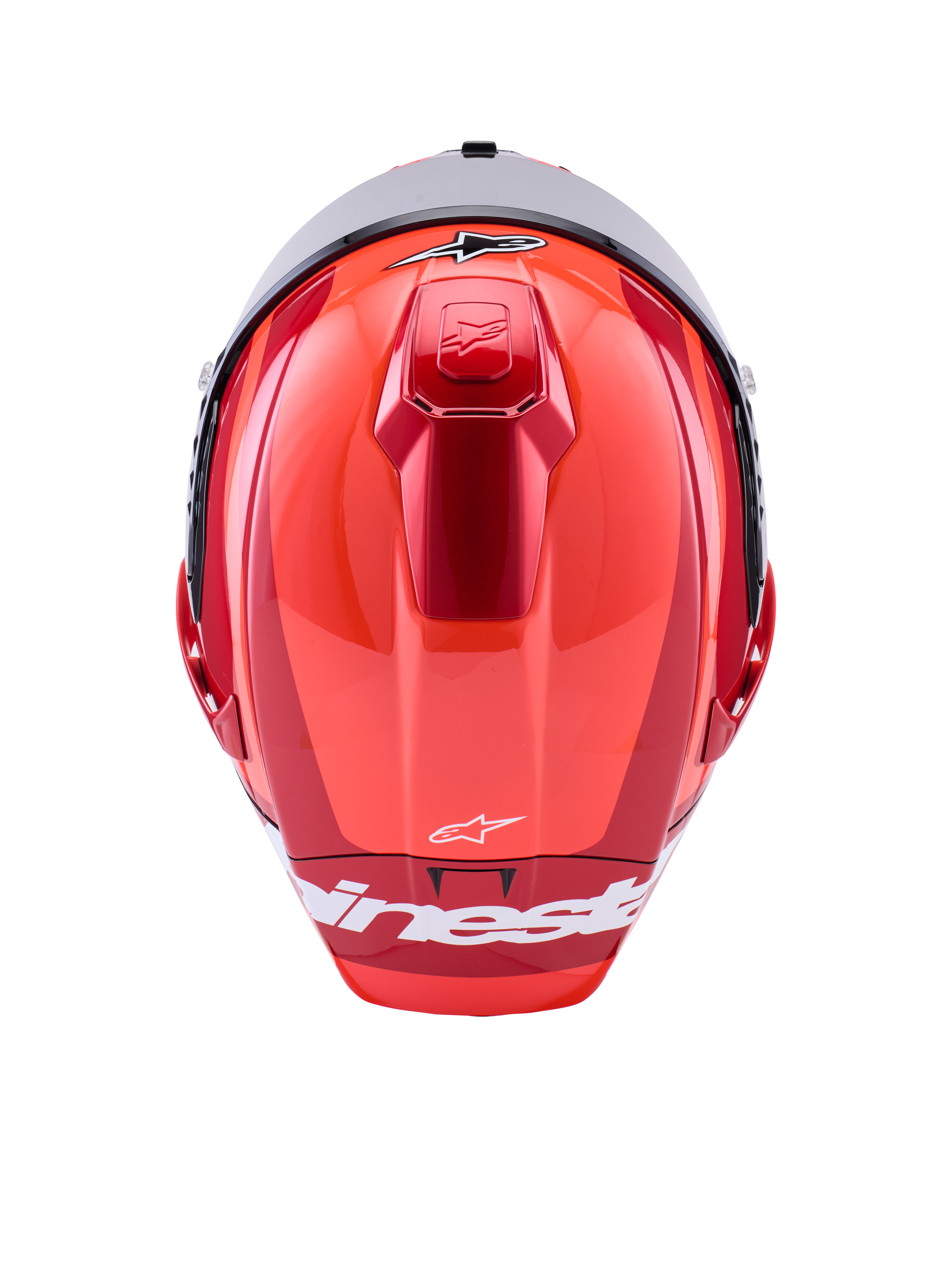 Alpinestars Supertech R10 Arius Helmet, Full-Face Racing Helmet, Red Glossy with White Accents, top view showing aerodynamic shell contours, white Alpinestars branding, and integrated top ventilation