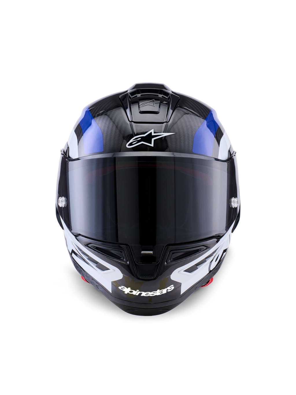Casco Alpinestars Supertech R10 Arius, casco integral de competición, negro, blanco y azul brillante, vista frontal con visor ahumado oscuro, con textura de fibra de carbono visible en la calota superior, logotipos de Alpinestars en blanco en la frente y mentón, diseño aerodinámico para carreras profesionales