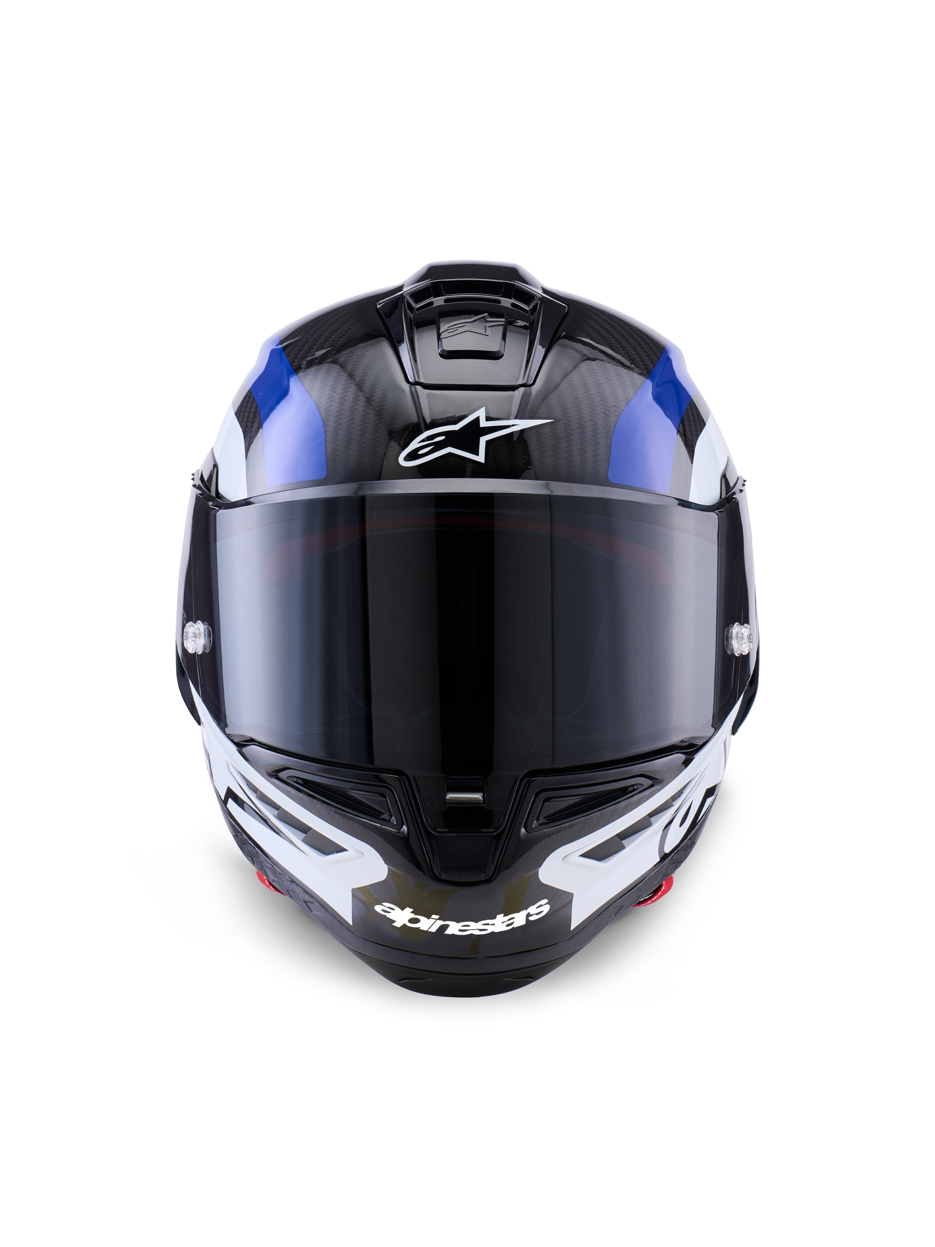 Casco Alpinestars Supertech R10 Arius, casco integral de competición, negro, blanco y azul brillante, vista frontal con visor ahumado oscuro, con textura de fibra de carbono visible en la calota superior, logotipos de Alpinestars en blanco en la frente y mentón, diseño aerodinámico para carreras profesionales