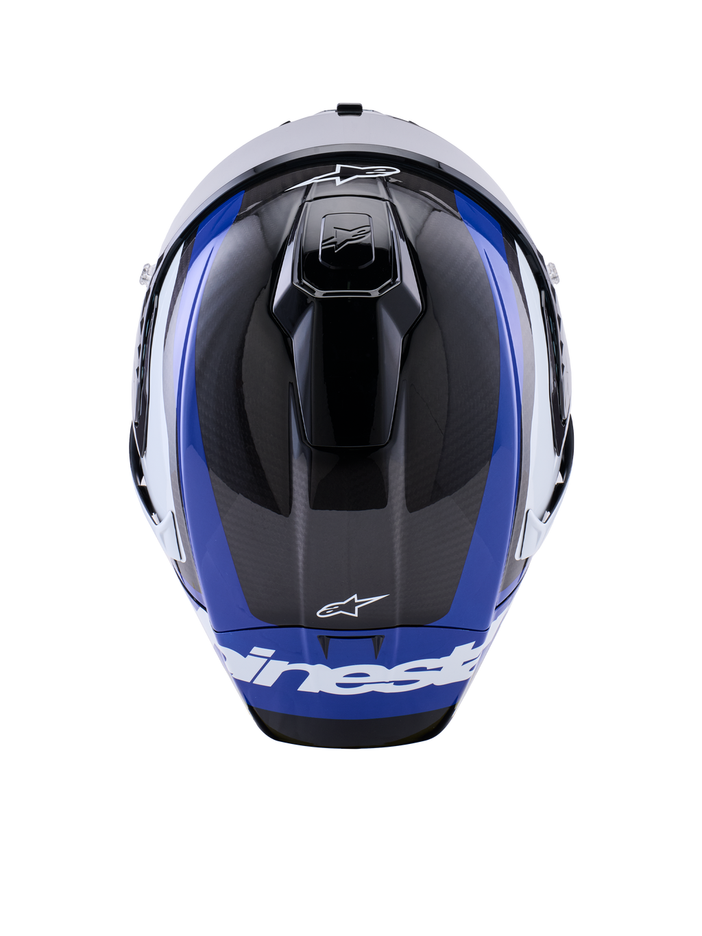 Casco Alpinestars Supertech R10 Arius, casco integral de competición para moto, negro, blanco y azul brillante, vista superior que resalta el tejido de fibra de carbono, las ventilaciones aerodinámicas y los logotipos de Alpinestars en blanco
