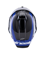 Casco Alpinestars Supertech R10 Arius, casco integral de competición para moto, negro, blanco y azul brillante, vista superior que resalta el tejido de fibra de carbono, las ventilaciones aerodinámicas y los logotipos de Alpinestars en blanco