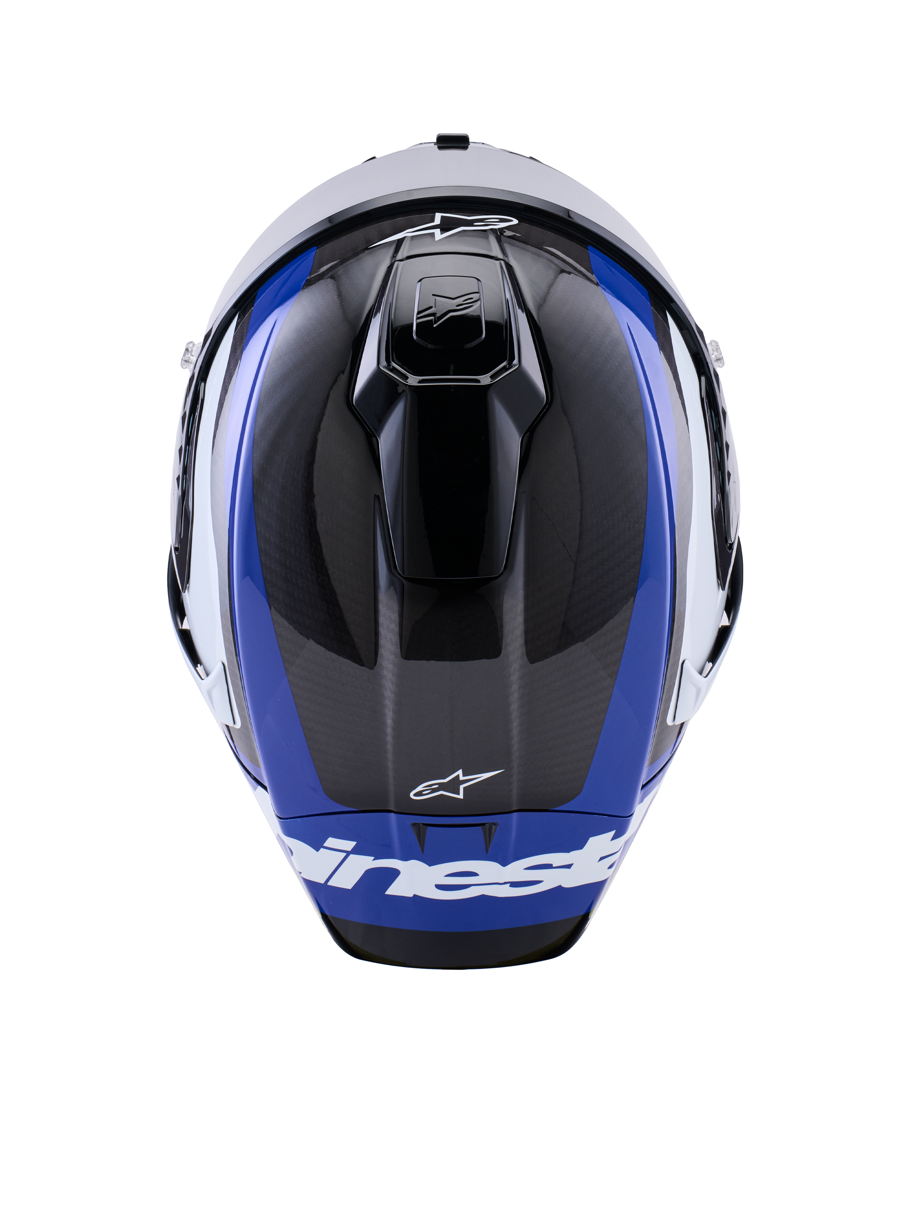 Casco Alpinestars Supertech R10 Arius, casco integral de competición para moto, negro, blanco y azul brillante, vista superior que resalta el tejido de fibra de carbono, las ventilaciones aerodinámicas y los logotipos de Alpinestars en blanco
