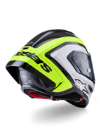 Alpinestars Supertech R10 Arius Helmet, Rear View, Black Silver and Fluo Yellow Glossy, carbon fiber shell construction, large aerodynamic spoiler with black Alpinestars text, racing-grade protection with sleek design