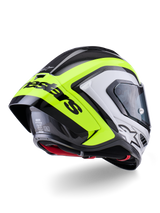 Alpinestars Supertech R10 Arius Helmet, Rear View, Black Silver and Fluo Yellow Glossy, carbon fiber shell construction, large aerodynamic spoiler with black Alpinestars text, racing-grade protection with sleek design
