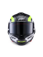 Alpinestars Supertech R10 Arius Helmet, Racing Motorcycle Helmet, Black Silver and Yellow Fluo Glossy, front view featuring carbon fiber shell, dark smoke visor, and integrated ventilation system.