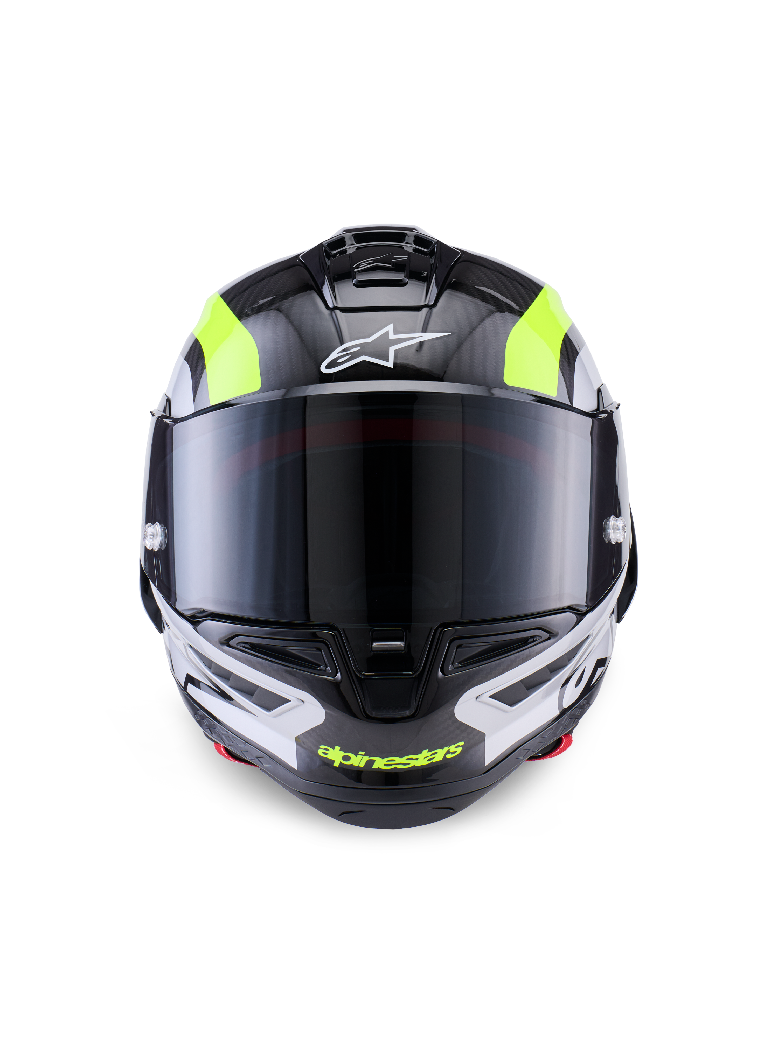Alpinestars Supertech R10 Arius Helmet, Racing Motorcycle Helmet, Black Silver and Yellow Fluo Glossy, front view featuring carbon fiber shell, dark smoke visor, and integrated ventilation system.