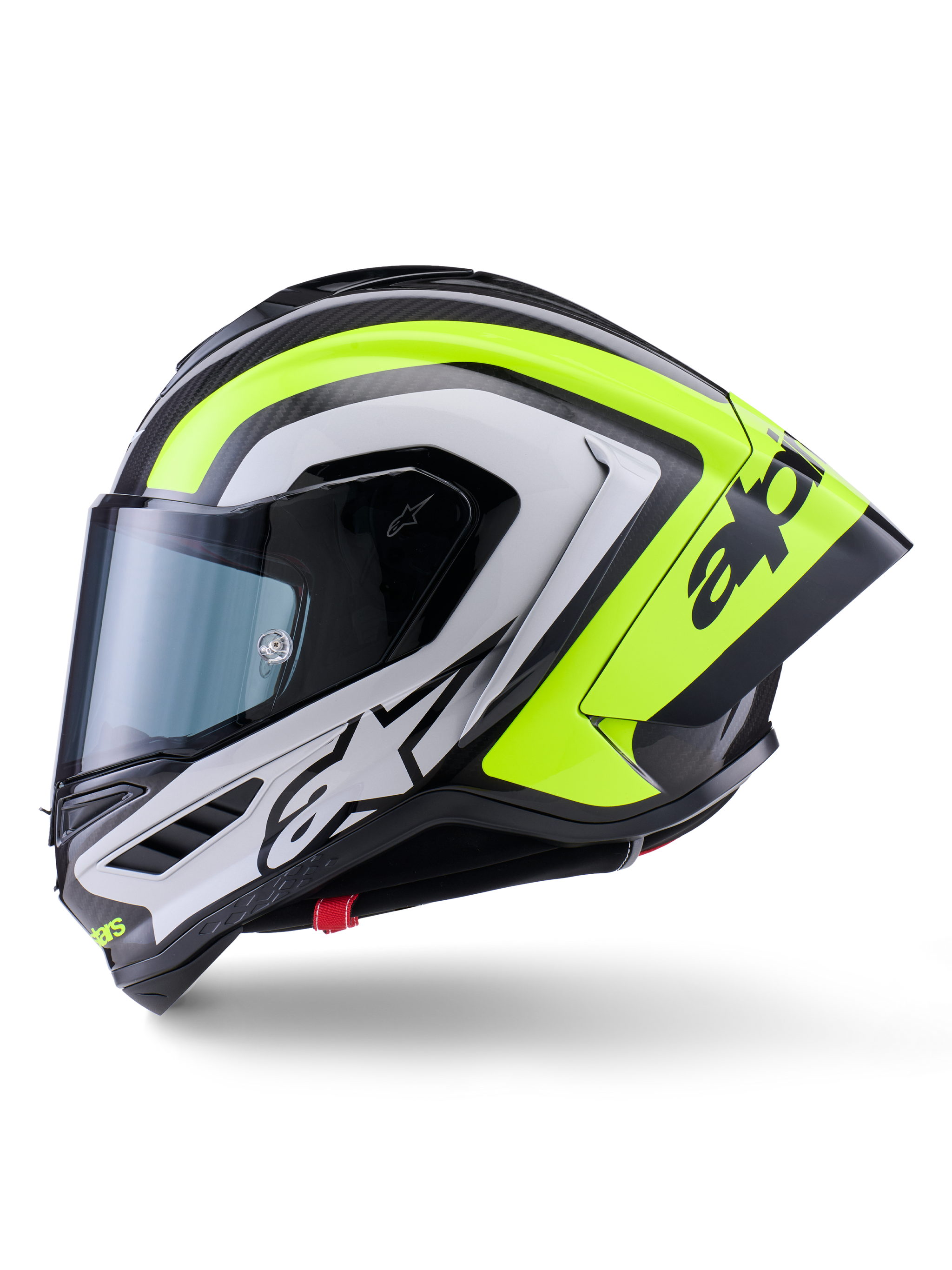 Alpinestars Supertech R10 Arius Helmet, racing motorcycle helmet, Black Silver and Yellow Fluo Glossy, side view, features aerodynamic rear spoiler, carbon fiber construction, bold branding, and tinted visor.