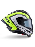 Alpinestars Supertech R10 Arius Helmet, Full-Face Racing Helmet, Black Silver and Fluo Yellow Glossy, side profile view showing aerodynamic shell and dark smoke visor, carbon fiber construction with bold branding