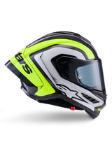 Alpinestars Supertech R10 Arius Helmet, Full-Face Racing Helmet, Black Silver and Fluo Yellow Glossy, side profile view showing aerodynamic shell and dark smoke visor, carbon fiber construction with bold branding