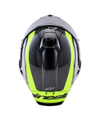 Alpinestars Supertech R10 Arius Helmet, top-down view, Black Silver and Yellow Fluo Glossy, carbon fiber shell with vibrant fluorescent yellow stripes, aerodynamic top ventilation ports, and Alpinestars branding, high-performance racing helmet
