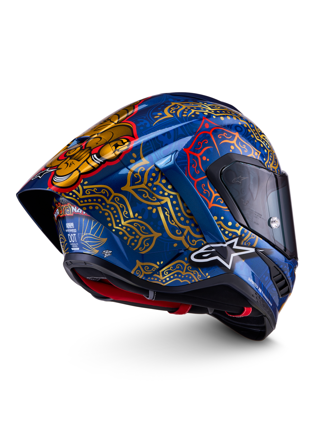 Casco Alpinestars Supertech R10 Martinator Thai, azul y dorado, integral de carbono, certificado FIM y ECE, con mandalas.