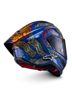 Casco Alpinestars Supertech R10 Martinator Thai, azul y dorado, integral de carbono, certificado FIM y ECE, con mandalas.