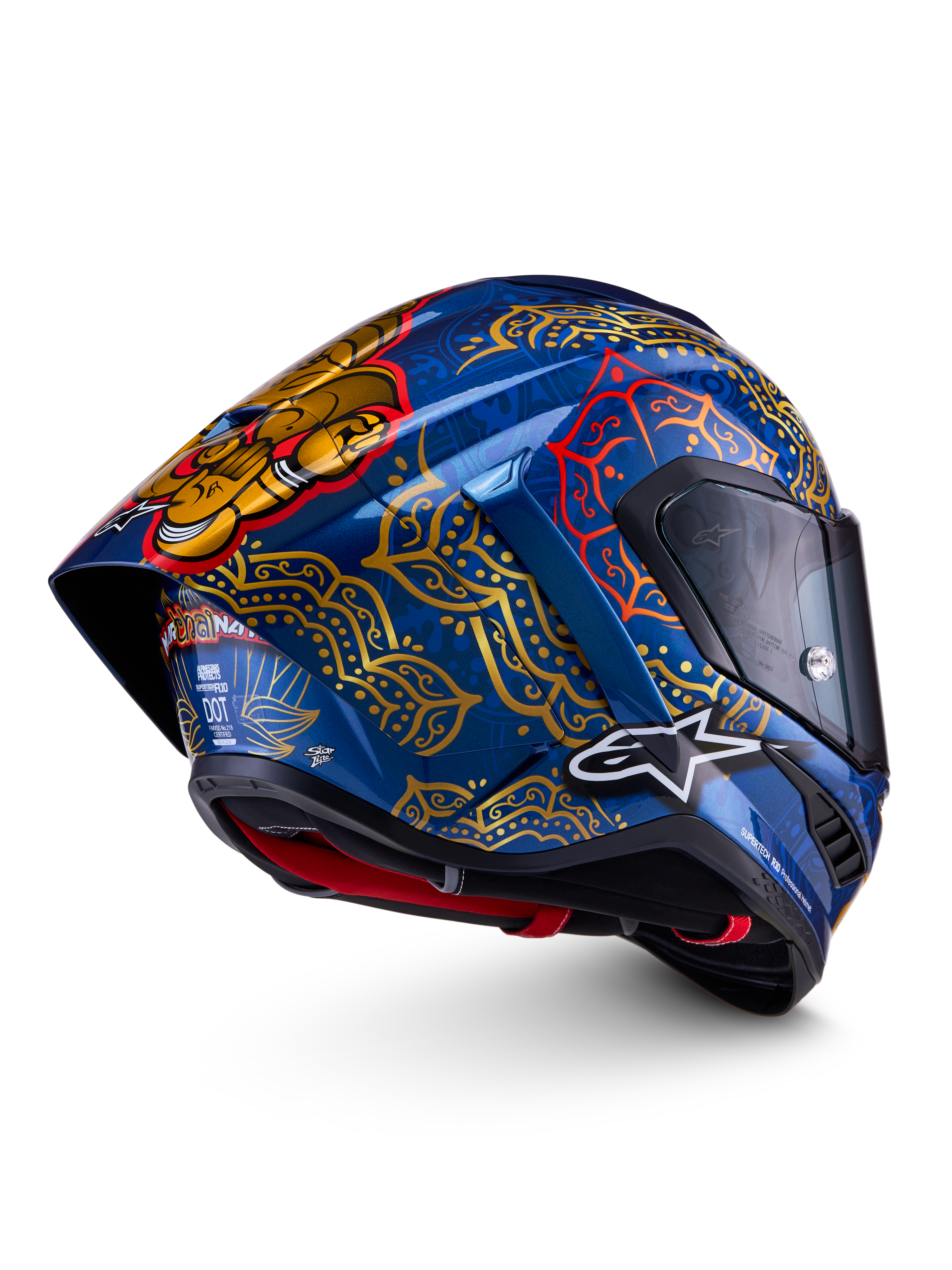 Casco Alpinestars Supertech R10 Martinator Thai, azul y dorado, integral de carbono, certificado FIM y ECE, con mandalas.