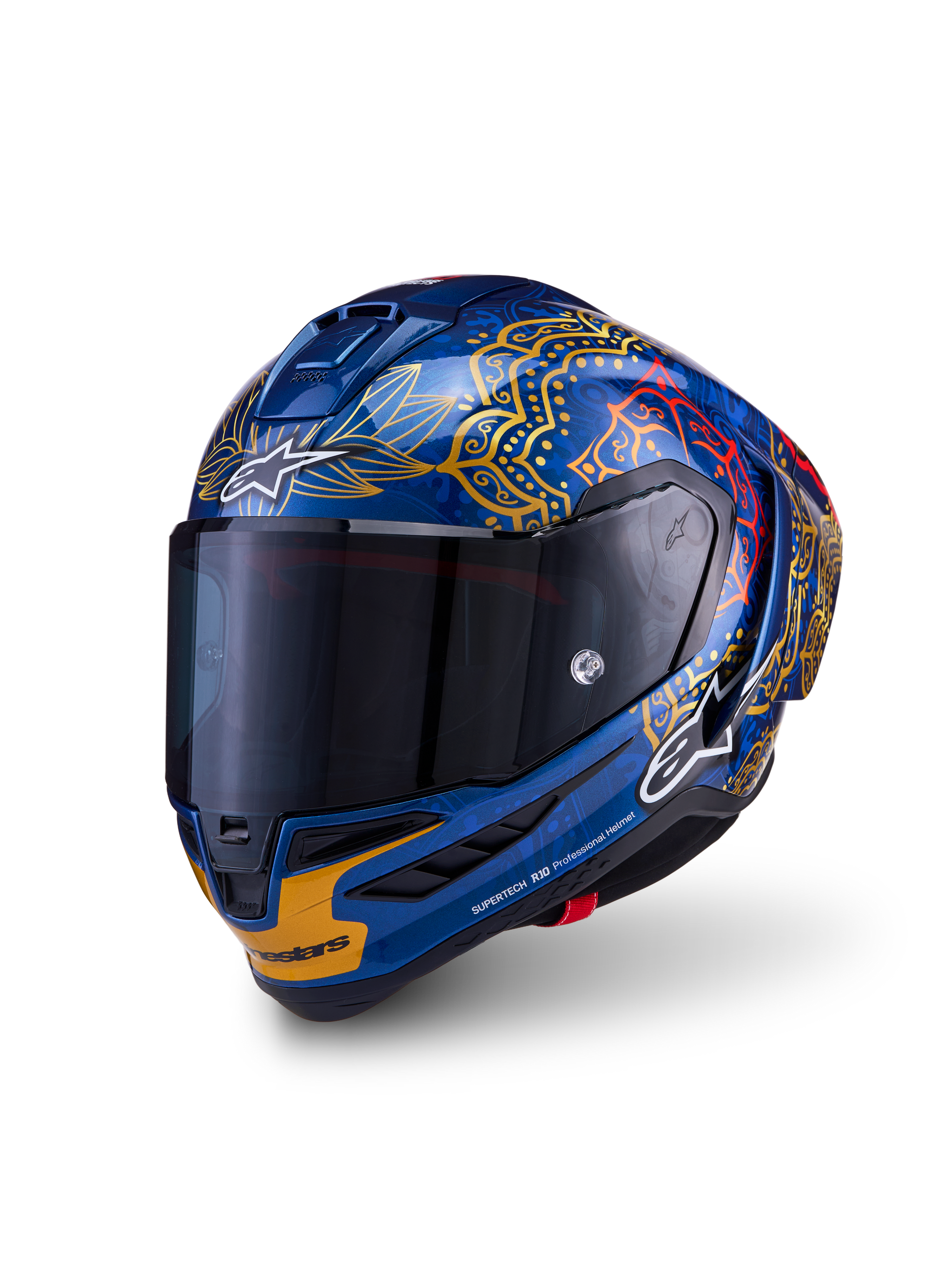 Casco Supertech R10 Martinator Thai de carbono azul brillante con gráficos dorados y visor ahumado oscuro.